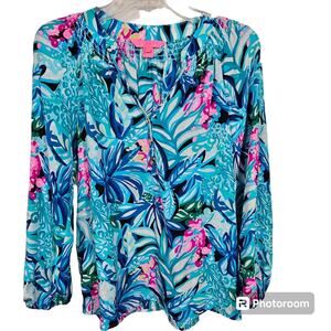 Lilly Pulitzer Elsa 100% Silk Maldives Green Hype It Up 3-Button Top Women's XS